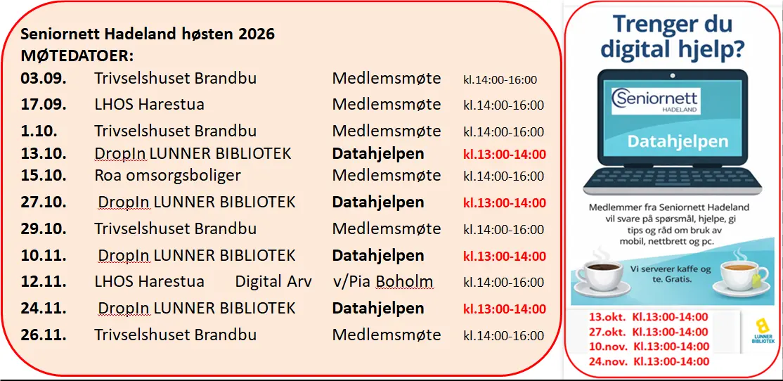 # Medlemsmøte 3.september – Trivselshuset Brandbu
kl.14:00 – 16:00