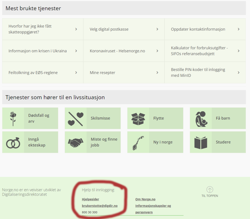 Hjelpesider og telefonnummer på startsiden til Norge.no
