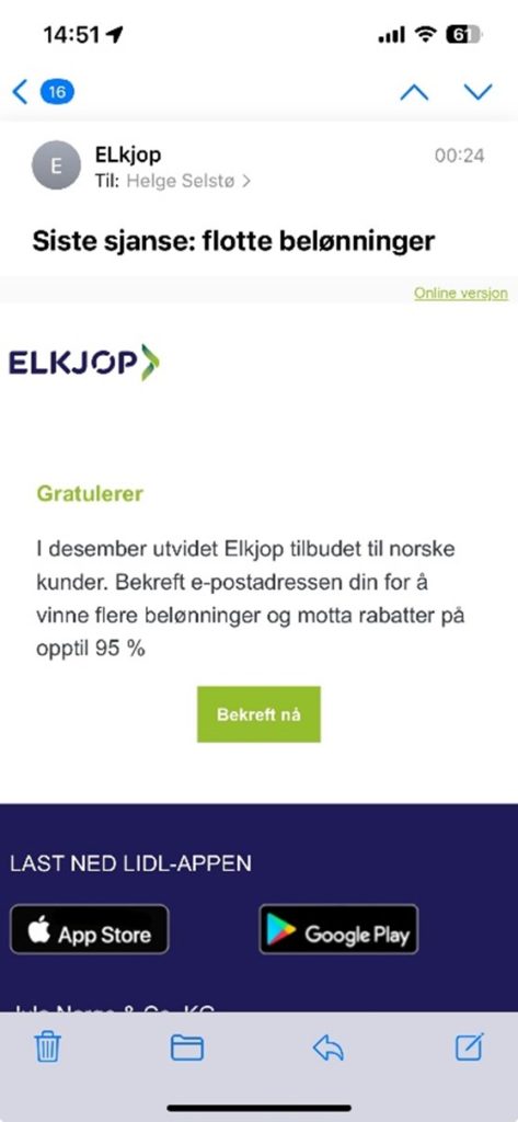 Spam e-post fra "elkjøp"