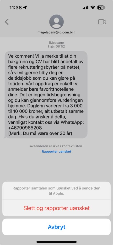Skjermdump av søppelmelding