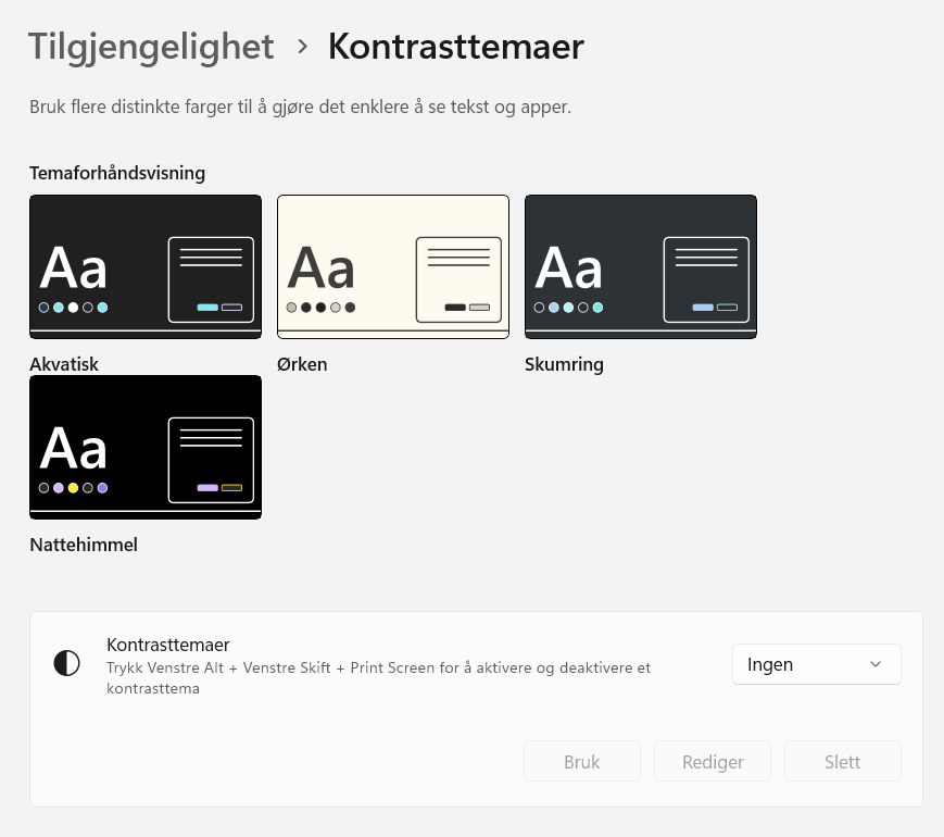 Skjermbilde som viser de ulike kontrasttemaene