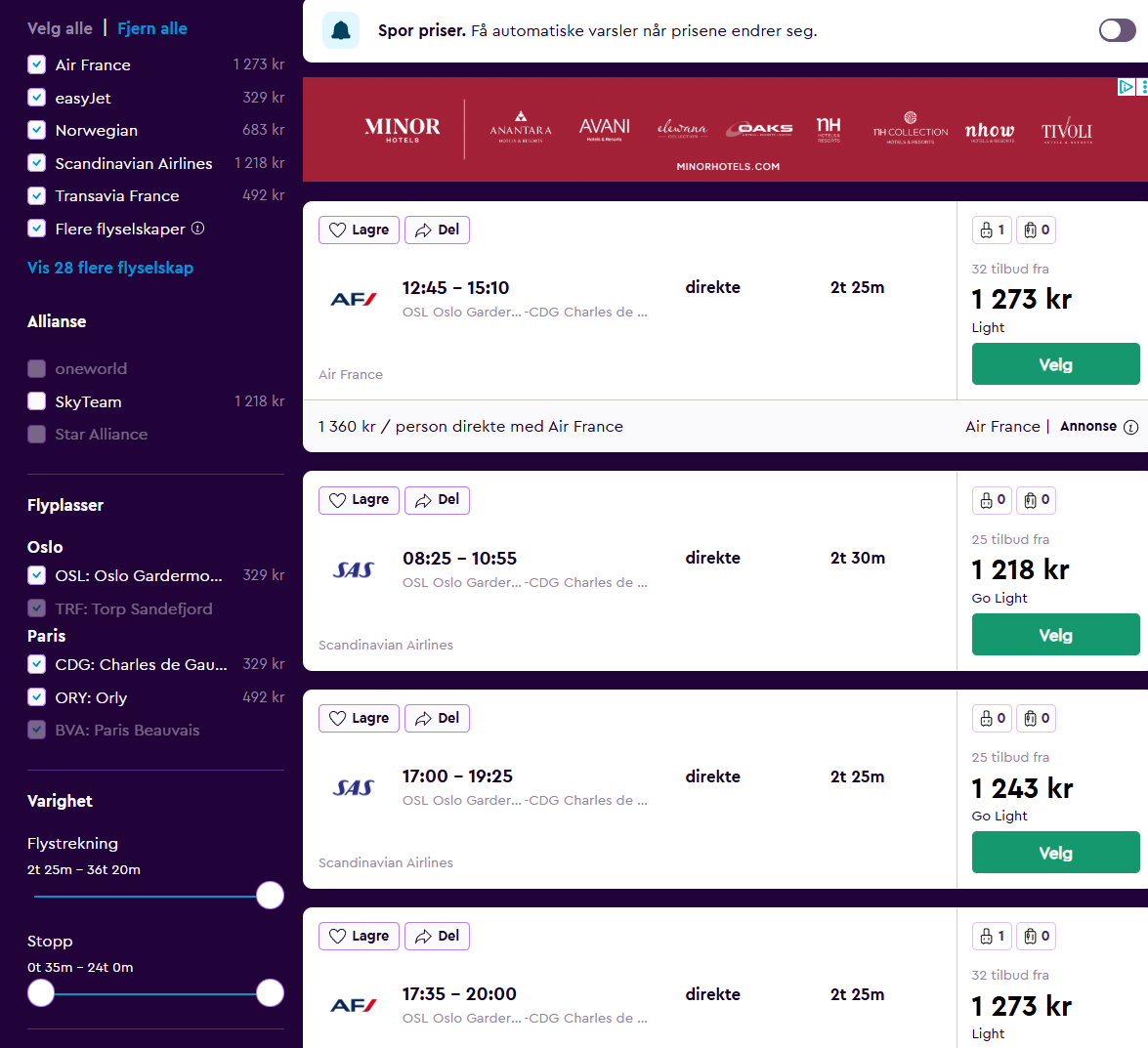 Resultatet av søk på flighter til Paris den 10.oktober