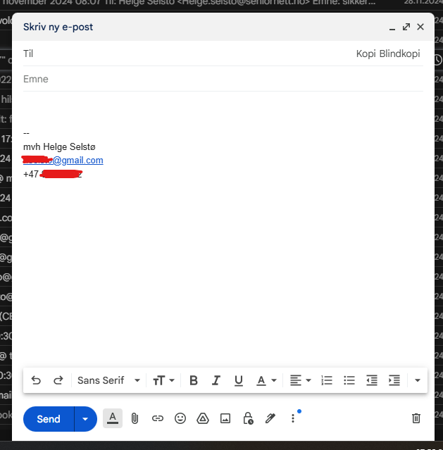 Skjermbilde av e-post vinduet i Gmail