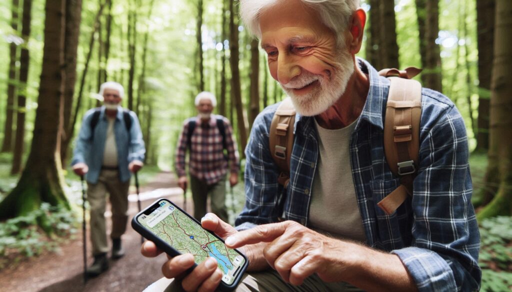 Senior bruker en kart-app for å finne frem - bildet er fremstilt med kunstig intelligens