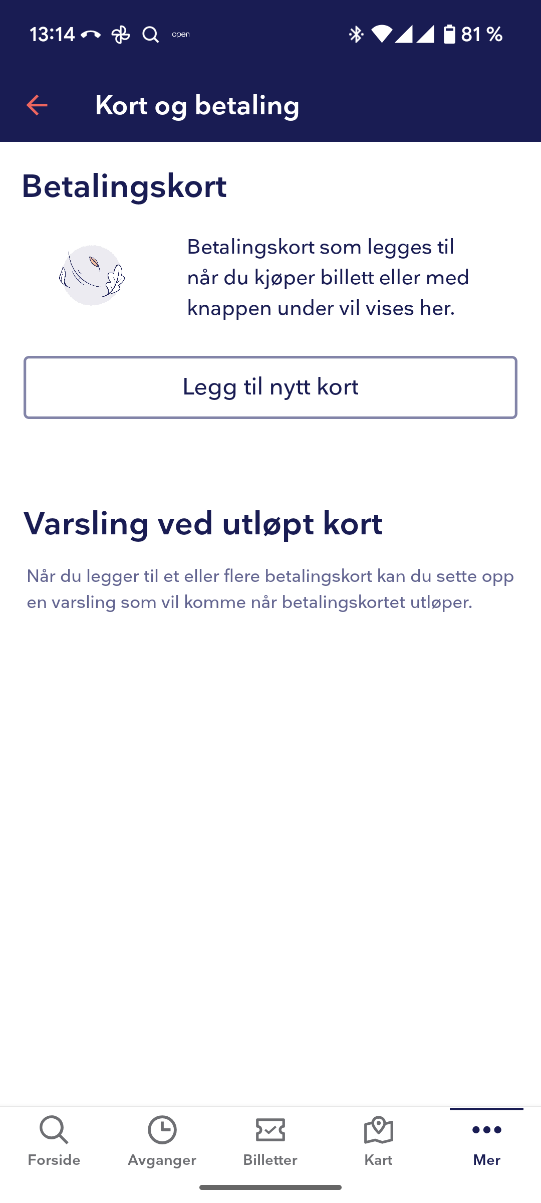 Her legger du inn ditt betalingskort. Når du kjøper en billett blir dette kortet belastet direkte