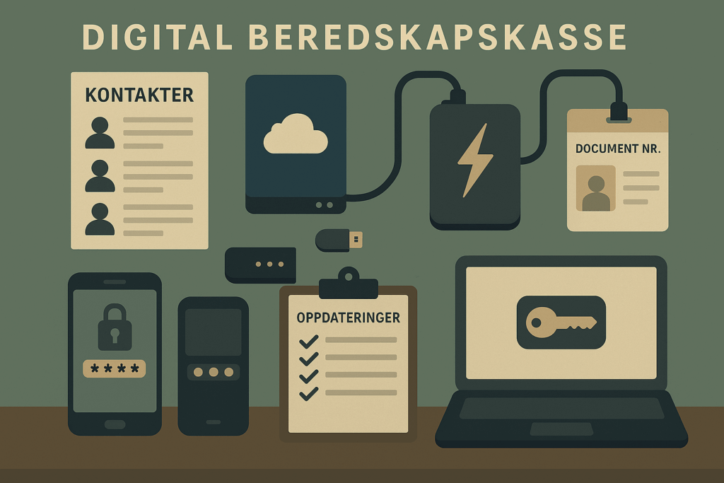 Illustrasjon lagd av KI som viser ulike digitale elementer som du kan ha i din beredskapskasse